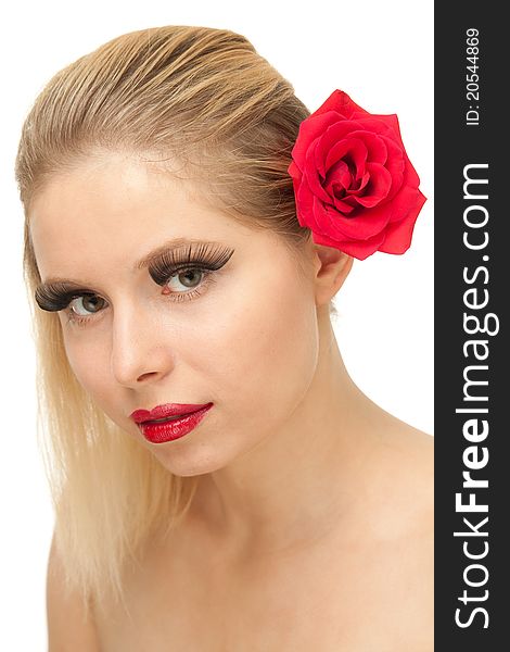 Blond woman with lengthen eyelashes and rose, isolated on white. Blond woman with lengthen eyelashes and rose, isolated on white