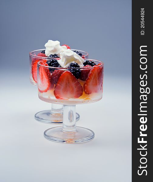 Two glass parfait dishes with berry parfait