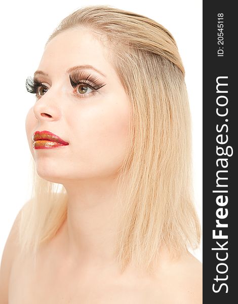 Portrait of attractive Blond woman with lengthen eyelashes and red lips, isolated on white. Portrait of attractive Blond woman with lengthen eyelashes and red lips, isolated on white