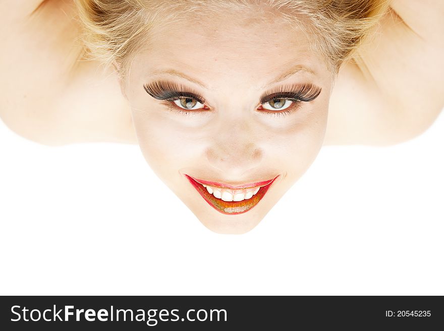 Portrait of attractive Blond woman with lengthen eyelashes from above looking unique. Portrait of attractive Blond woman with lengthen eyelashes from above looking unique