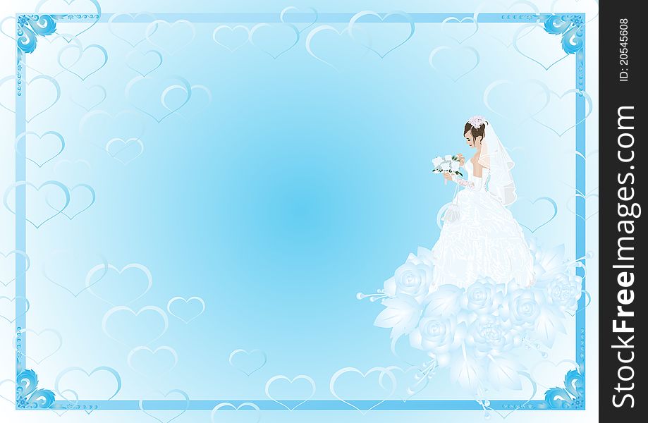 Frame with the bride in her wedding dress and bouquet of flowers is a bouquet of roses. Frame with the bride in her wedding dress and bouquet of flowers is a bouquet of roses
