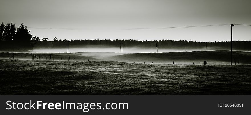 Morning mist over field at sun rise