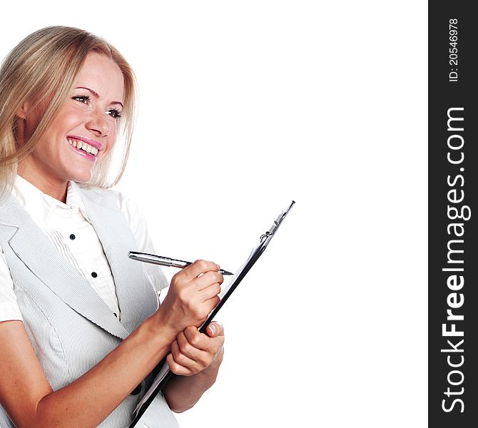 Business woman writing in notebook on a white background