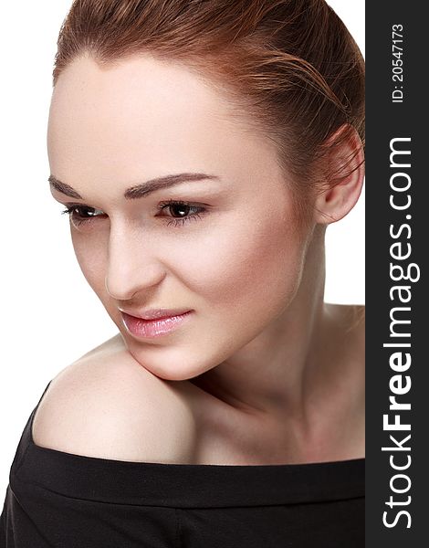 Close-up face of beautiful caucasian woman over white. Close-up face of beautiful caucasian woman over white