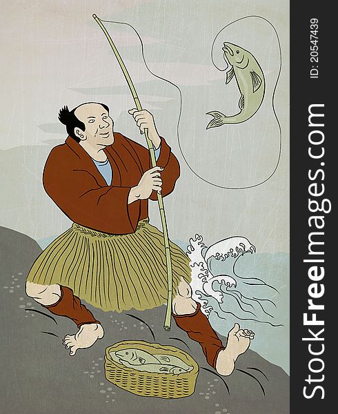 Image shows a Japanese fisherman fishing catching trout fish on a rock on lake done in the style of Japanese wood block print. Image shows a Japanese fisherman fishing catching trout fish on a rock on lake done in the style of Japanese wood block print.