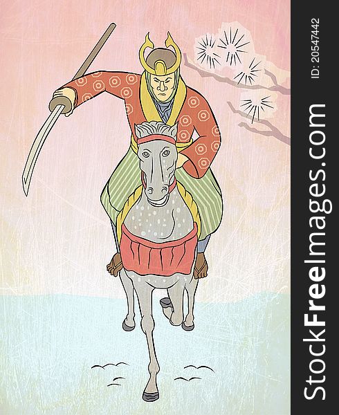 Illustration of a Samurai warrior riding horse with katana sword attacking charging viewed from front in the style of Japanese wood block print. Illustration of a Samurai warrior riding horse with katana sword attacking charging viewed from front in the style of Japanese wood block print