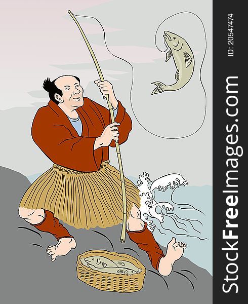 Image shows a Japanese fisherman fishing catching trout fish on a rock on lake done in the style of Japanese carton style