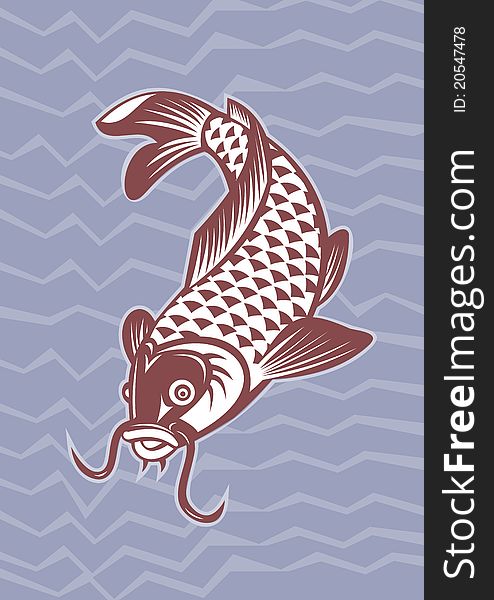 Illustration of a Koi carp swimming down with wave pattern in background done in retro style.