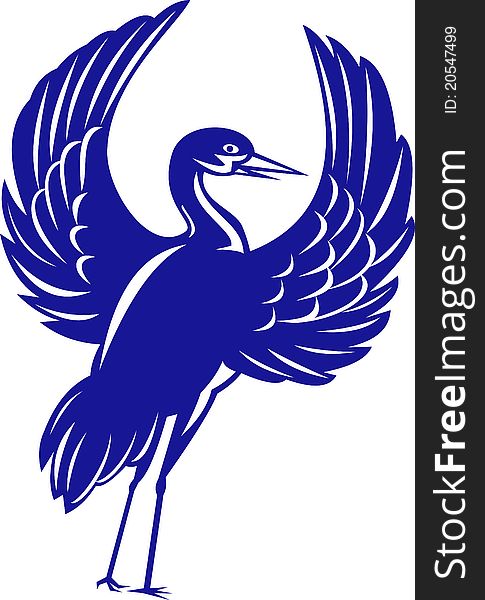 Illustration of a Crane flapping wings done in retro woodcut style on isolated white background