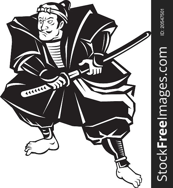 Illustration of a Samurai warrior about to draw katana sword in fighting stance on isolated white background done in retro style. Illustration of a Samurai warrior about to draw katana sword in fighting stance on isolated white background done in retro style