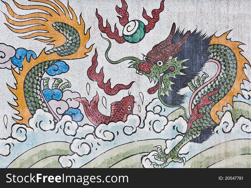Dragon  And Fish Painting On Mable Wall