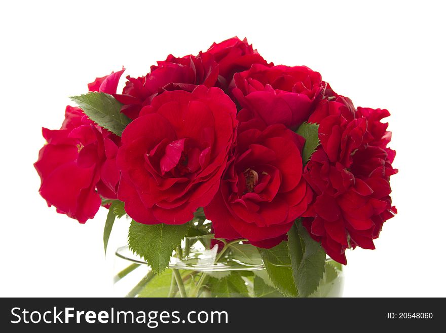 Close-up of a beautiful bouquet of red roses in a round glass vase. Isolated