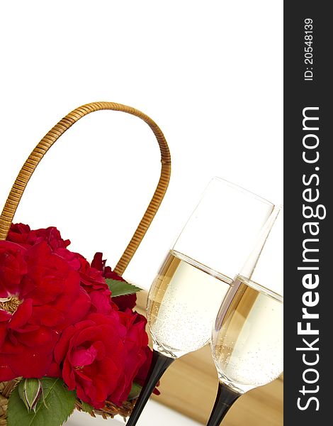 Basket With Roses And Champagne