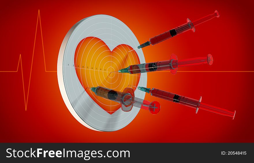 Syringes in heart, on red background