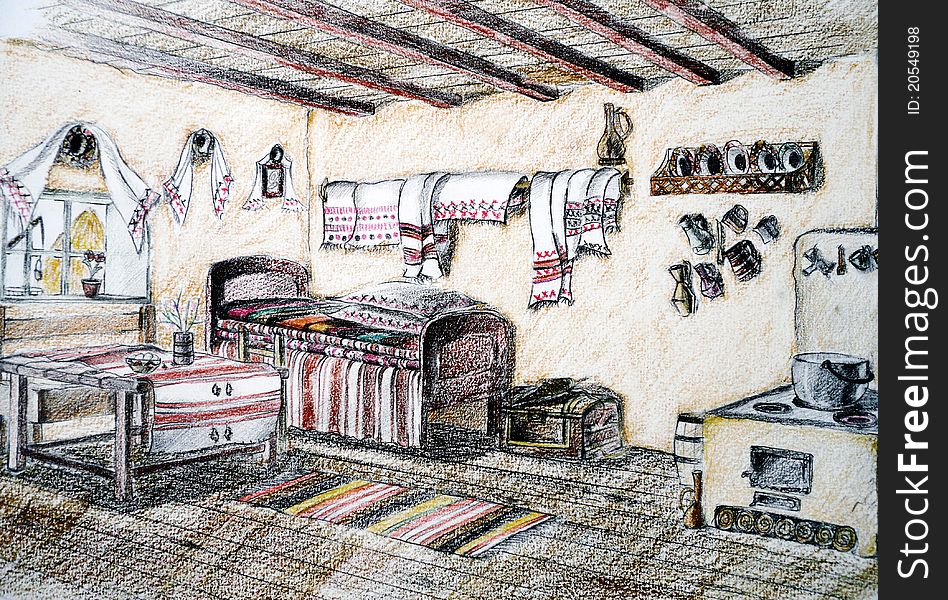 Romanian old house interior sketch
