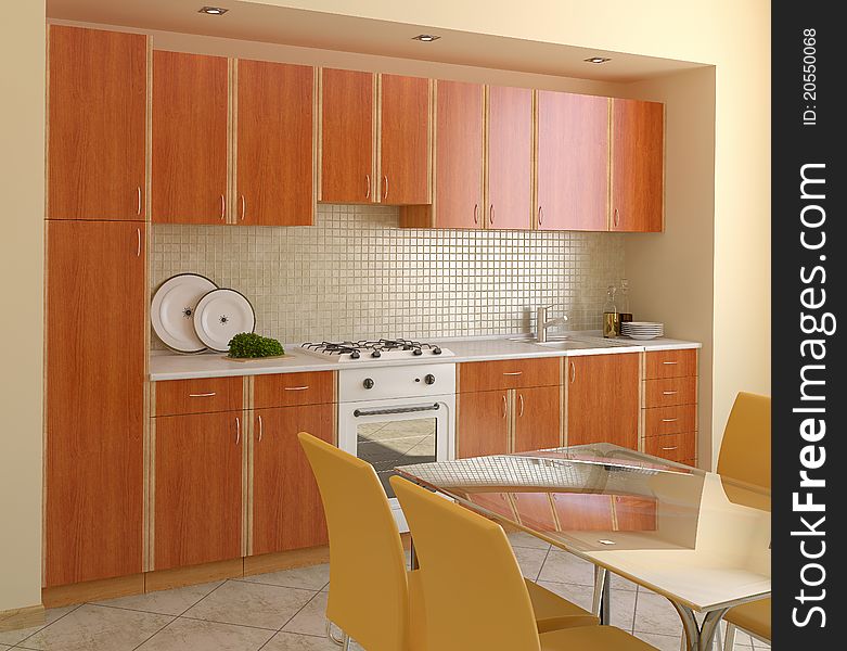 Interior of wood modern kitchen. 3d render. Interior of wood modern kitchen. 3d render.