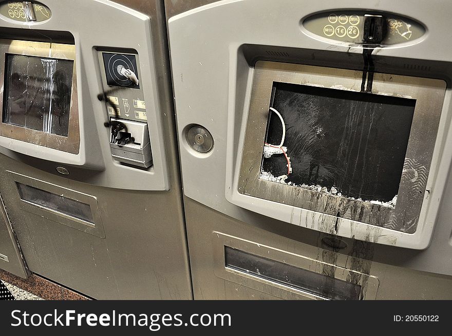 Damaged during the riots in Athens ATMs. Damaged during the riots in Athens ATMs