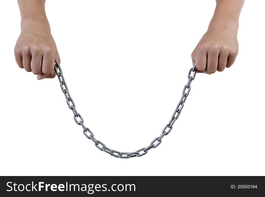 Two hands holding a chain. isolated on white background