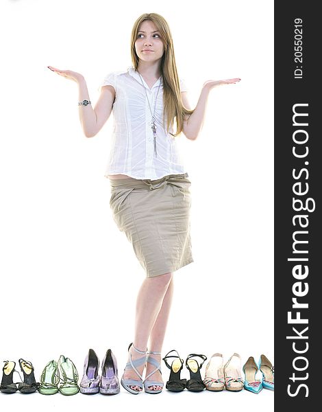 Young woman buying shoes addiction, isolated