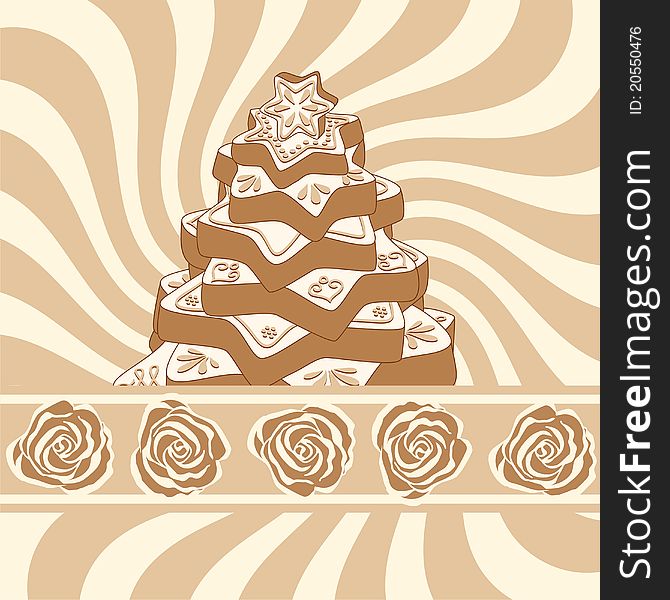 Hand-drawn gingerbread christmas tree on background with brown swirl and stripe with beige and brown roses