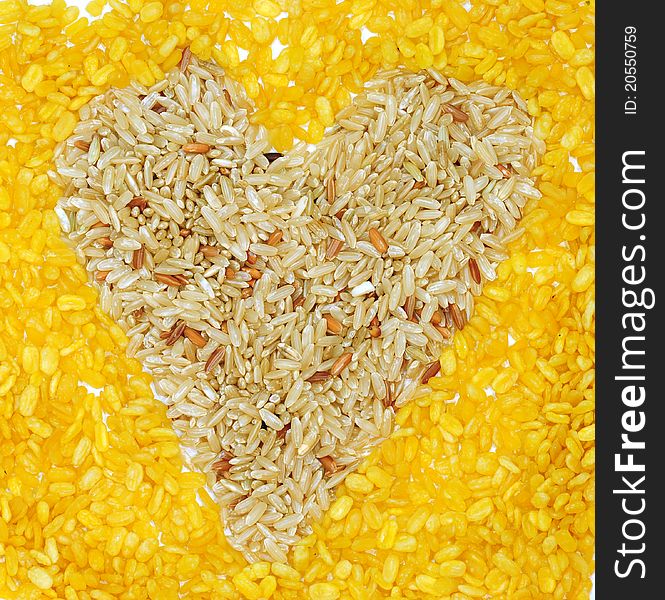 Brown rice and soybean in heart and food for health.