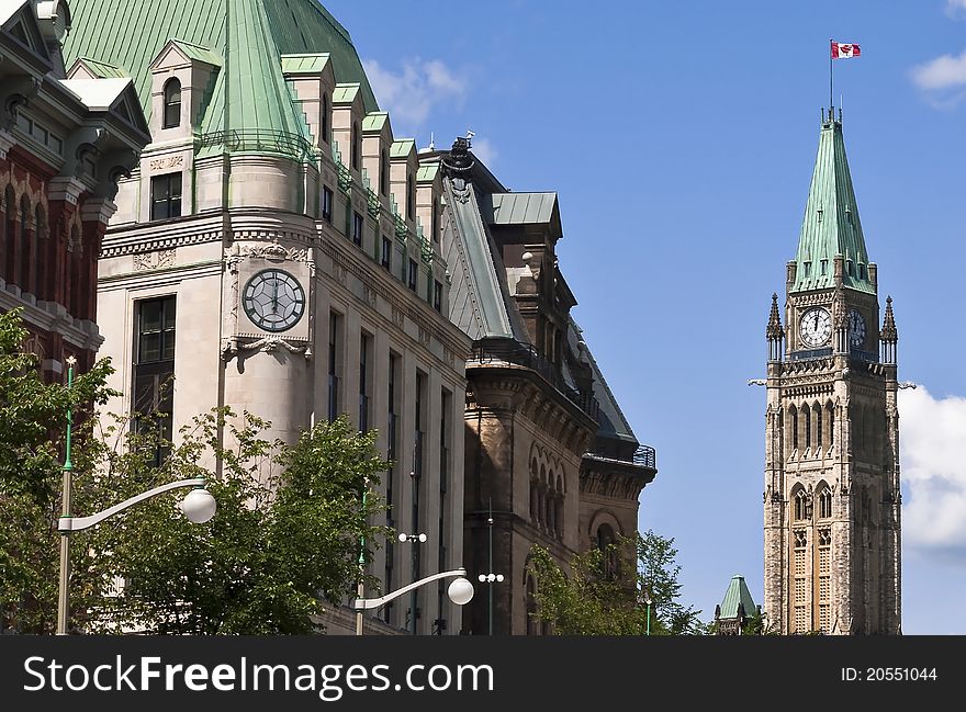 Excellent view of the Canadian Parliament seen from Elgin Street in Ottawa. Excellent view of the Canadian Parliament seen from Elgin Street in Ottawa.