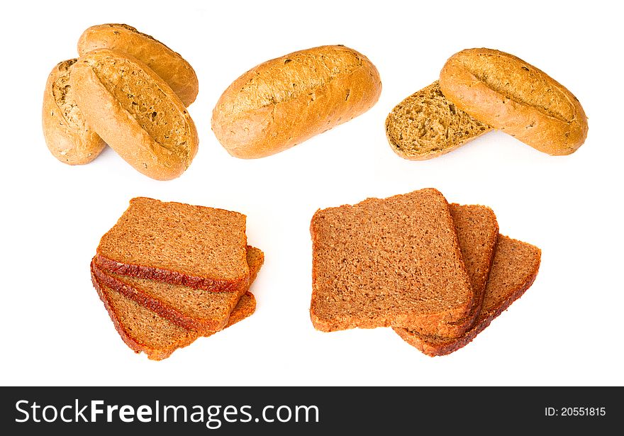 Pastry - fitness baguette and wholemeal bread isolated on white