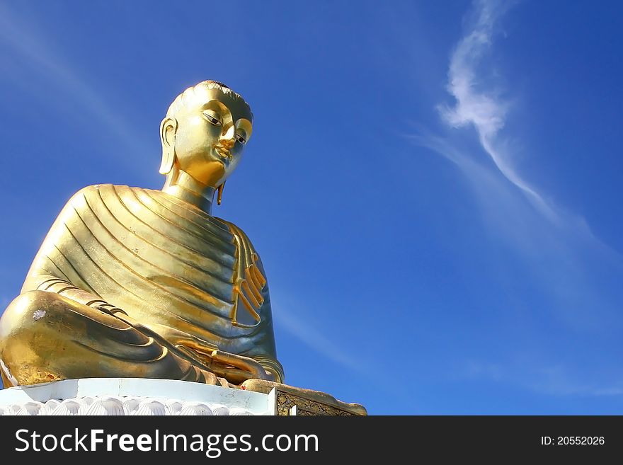 The gold huge buddha sculture with nice sky in Thailand. The gold huge buddha sculture with nice sky in Thailand