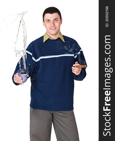 Young man with cigar and spilled beverage, isolated. Young man with cigar and spilled beverage, isolated