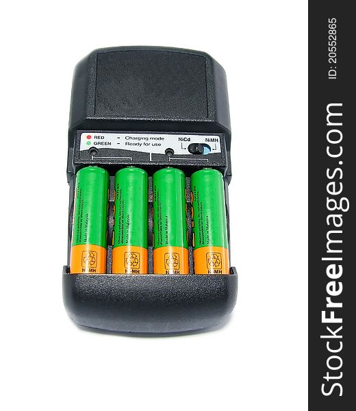 Charger with batteries isolated on white background