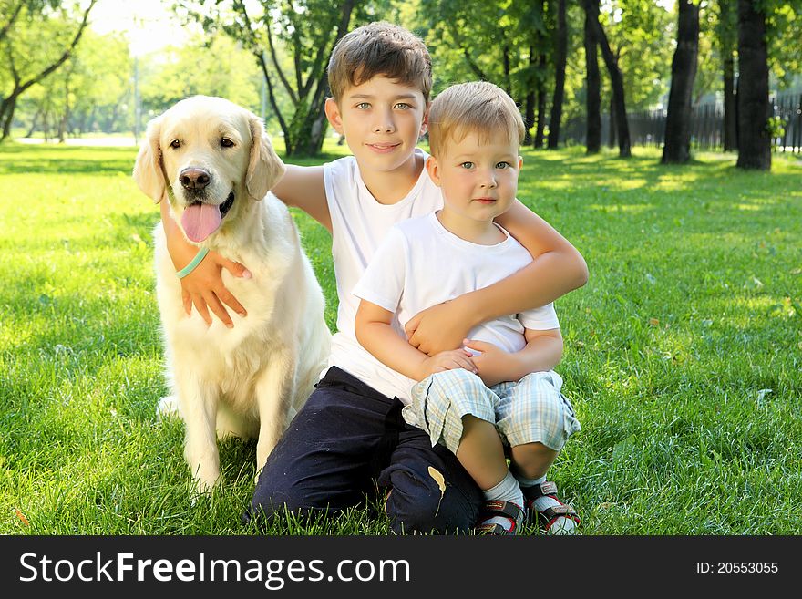 Little boy in the park with a golden retriever dog. Little boy in the park with a golden retriever dog