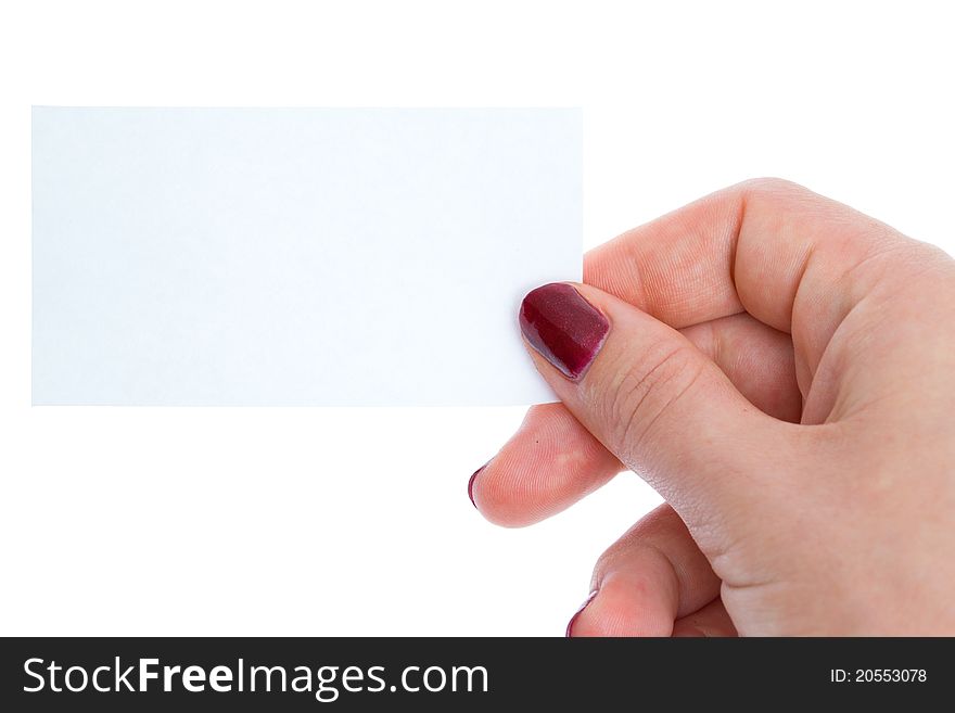 Business card in hand on white background