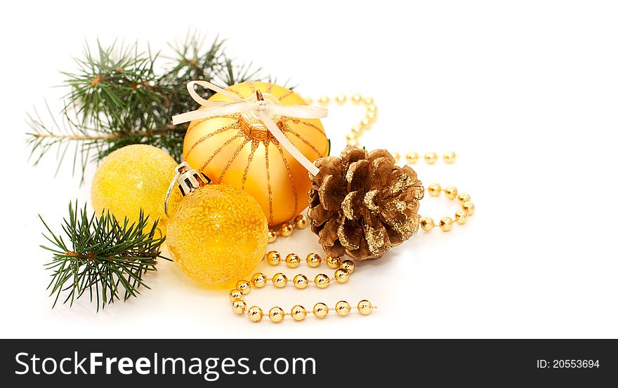 Pine  And Christmas Gold Decorations