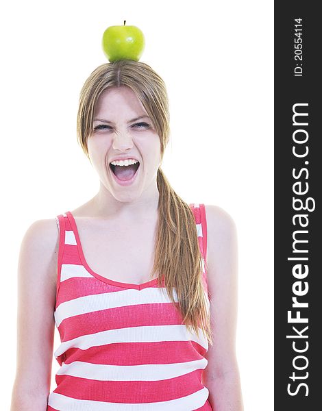 Woman eat green apple isolated  on white backround in studio representing healthy lifestile and eco food concept. Woman eat green apple isolated  on white backround in studio representing healthy lifestile and eco food concept