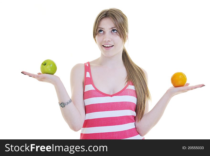 Woman eat green apple isolated  on white backround in studio representing healthy lifestile and eco food concept. Woman eat green apple isolated  on white backround in studio representing healthy lifestile and eco food concept