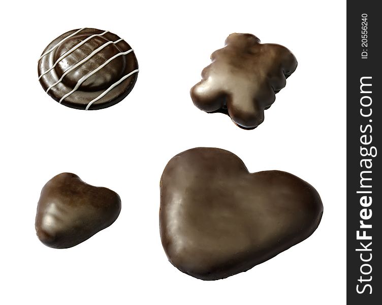 Studio photo of group of sweet chocolate cookies with filling.