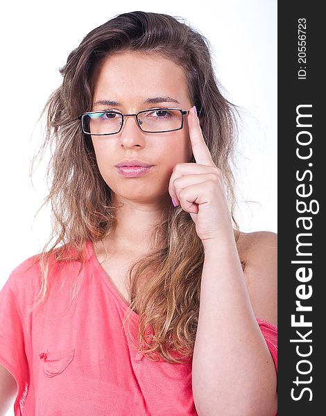 Woman wearing glasses with thinking look