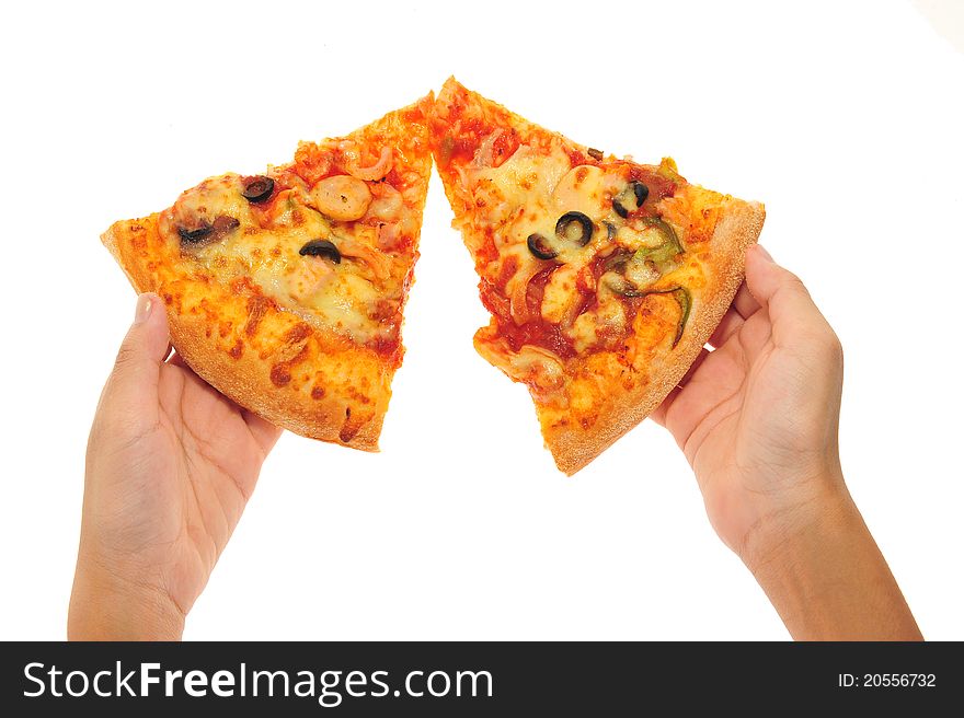 Hand Holding Pizza. Image Is Isolated On White Background
