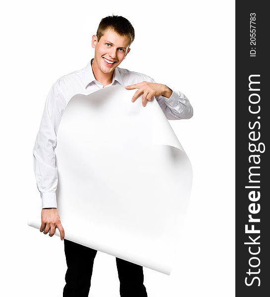 Businessman standing behind blank whits billboard. Isolated over white