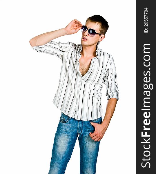 Young man in sunglasses isolated on white background
