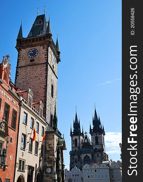 Clock Tower And Tyn Church In Prague