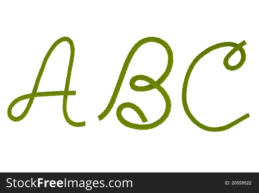Green fiber rope bent in the form of letter A,B,C. Green fiber rope bent in the form of letter A,B,C