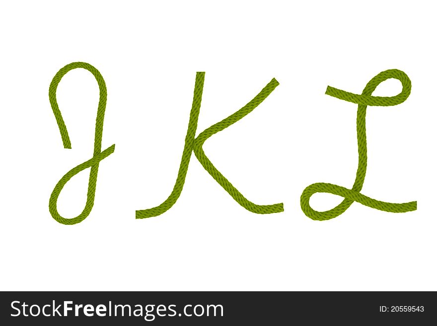 Green fiber rope bent in the form of letter J,K,L. Green fiber rope bent in the form of letter J,K,L