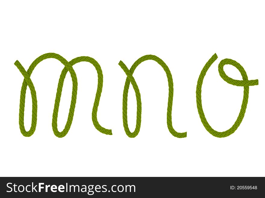 Green fiber rope bent in the form of letter M,N,O. Green fiber rope bent in the form of letter M,N,O