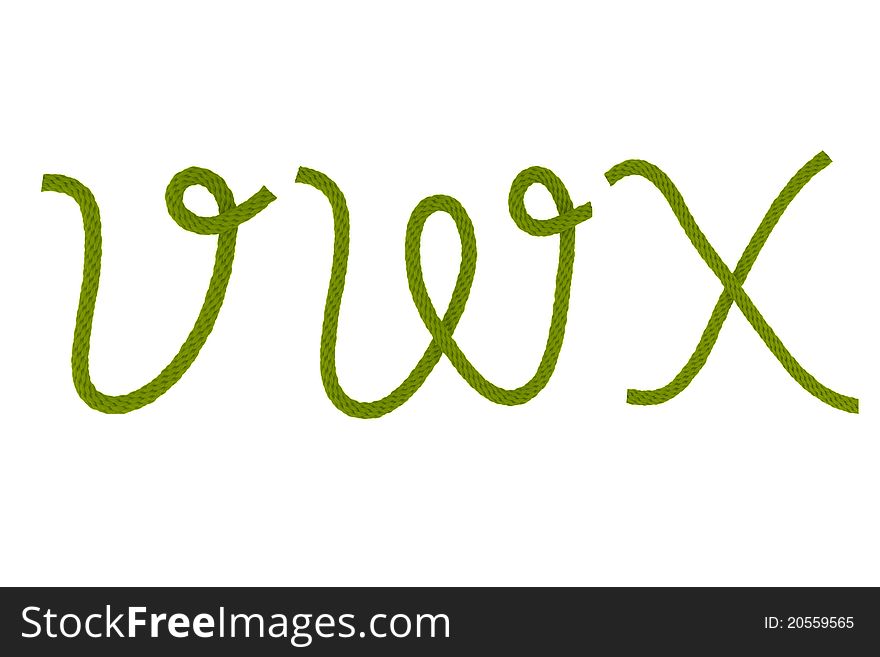 Green fiber rope bent in the form of letter V,W,X. Green fiber rope bent in the form of letter V,W,X