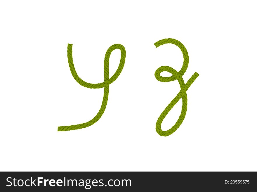 Green fiber rope bent in the form of letter Y,Z. Green fiber rope bent in the form of letter Y,Z