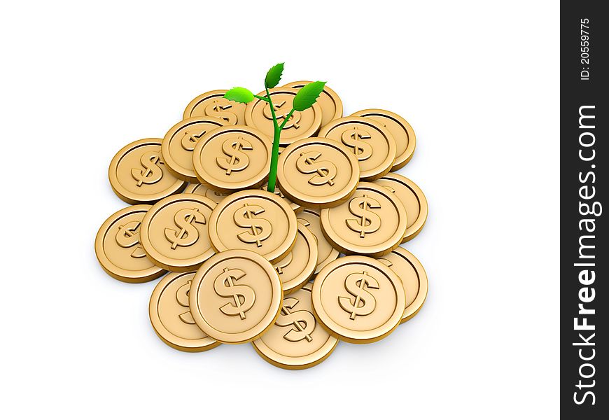 Gold coins and seedling isolated on white background
