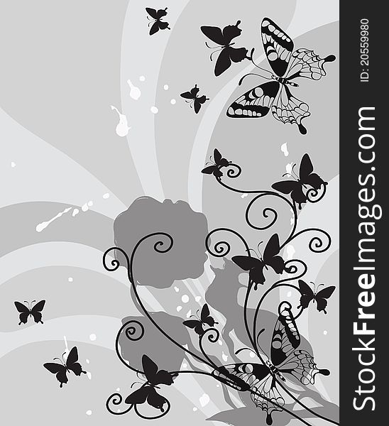 Background with decorative flower and butterflies