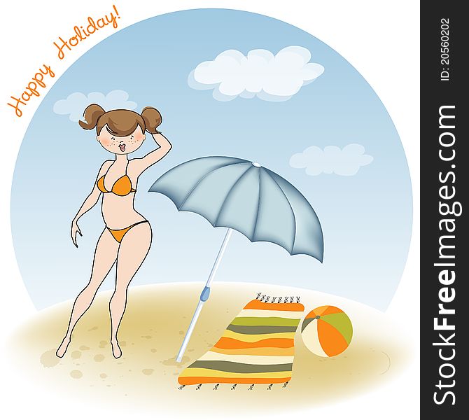 woman on the beach, holiday greeting card. woman on the beach, holiday greeting card