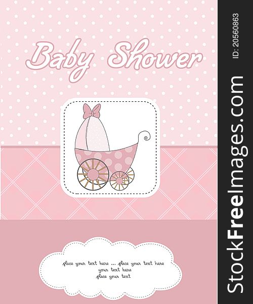 Baby girl shower announcement card with pram